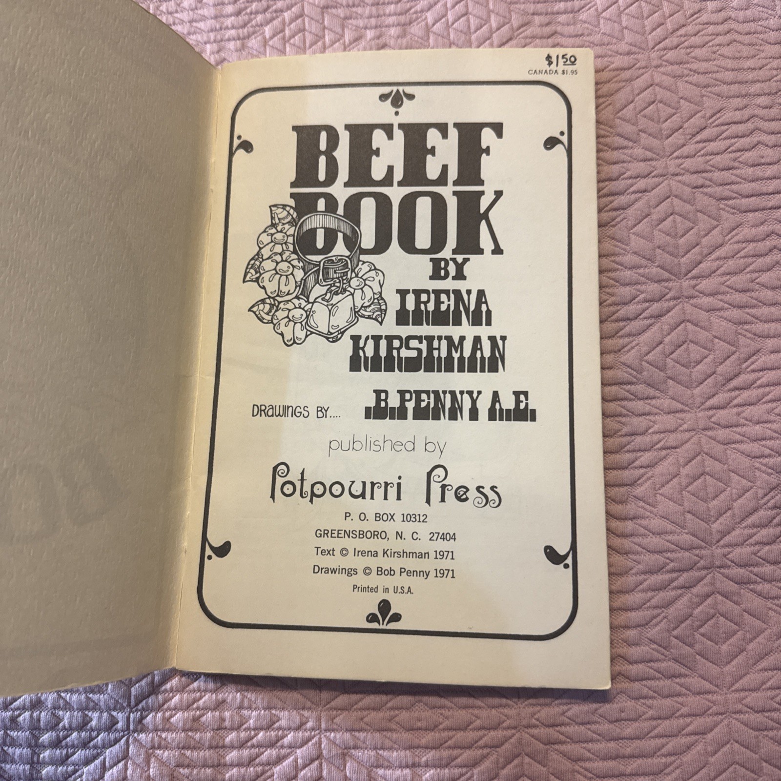 Beef Book by Irena Kirshman Recipe Cook Book Vintage 1971 Potpourri Press