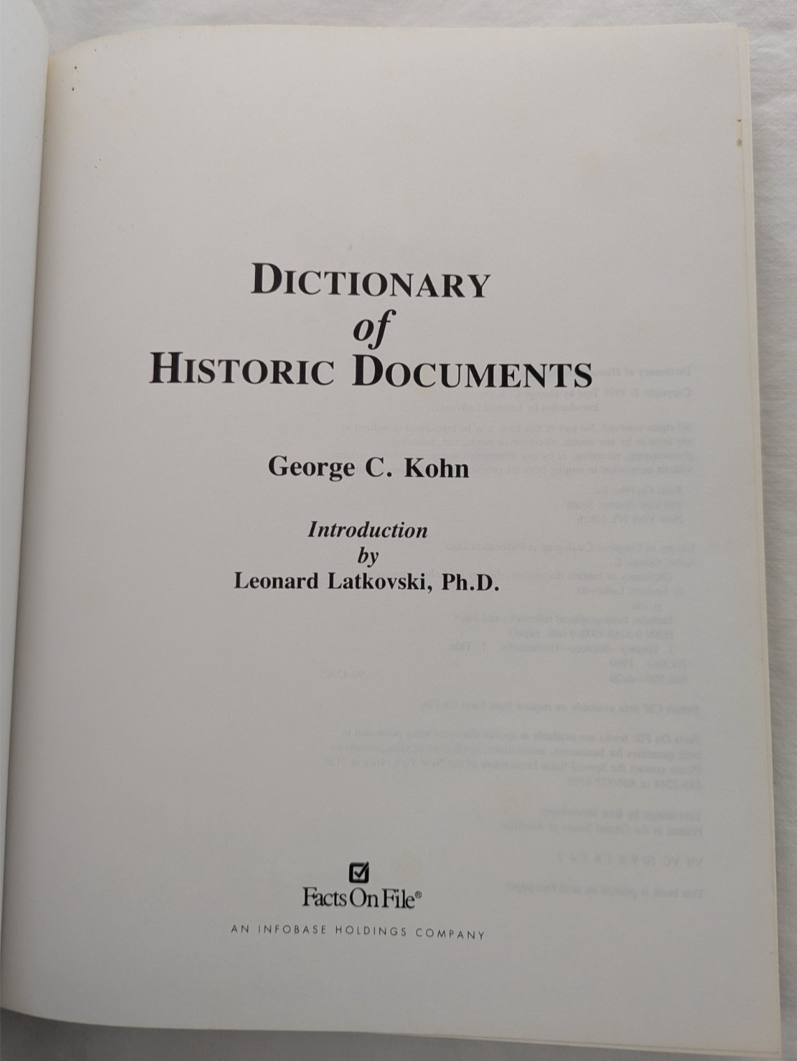 Dictionary of Historical Documents; 1991 George Kohn Hardcover