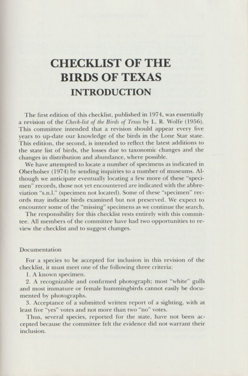 The T. O. S. Checklist of the Birds of Texas, 2nd edition, 1984, 147 pages