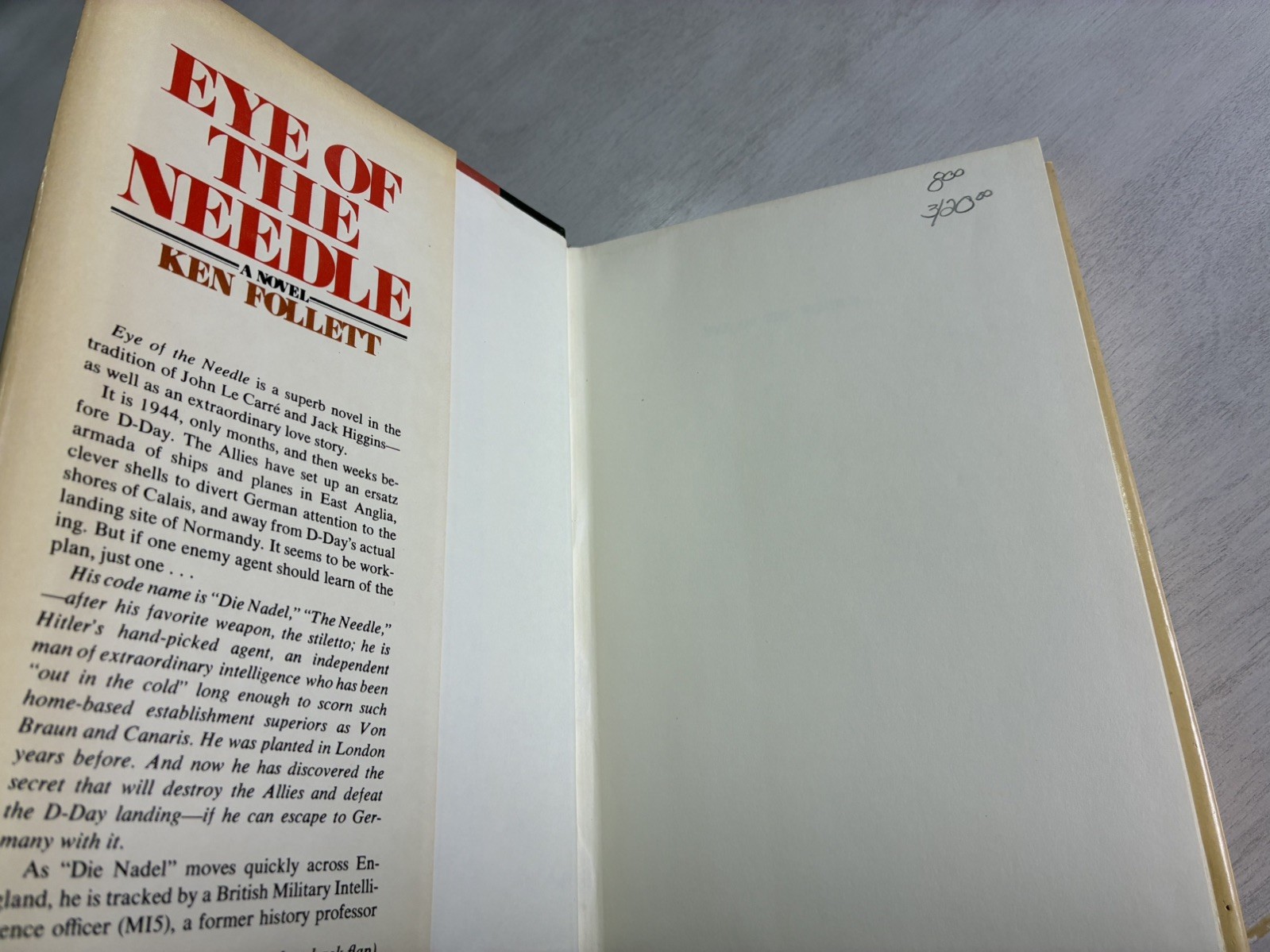 Eye of the Needle (1978) Ken Follett – G++ BCE HC/DJ Spy Thriller – Arbor House