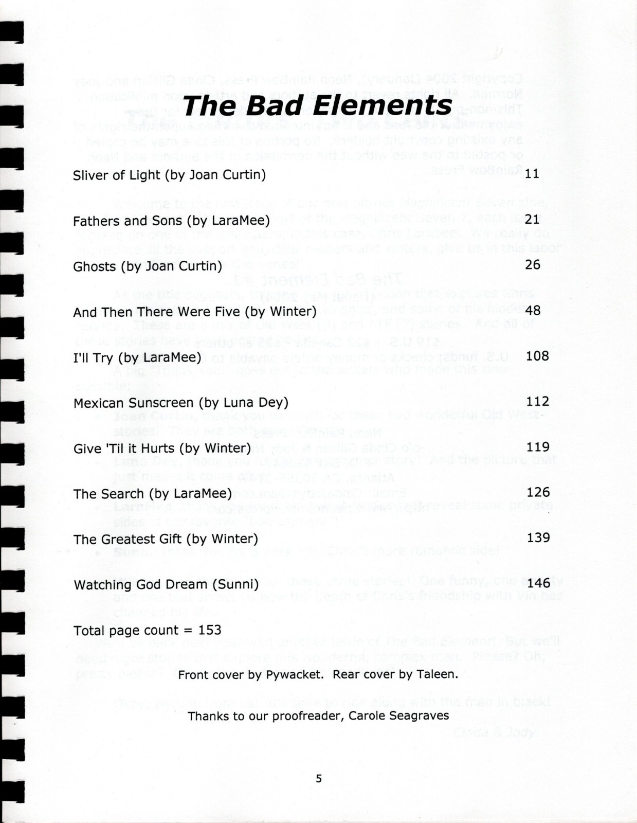 Magnificent Seven Fanzine “The Bad Element #1” Gen 2004 Chris Larabee VTG