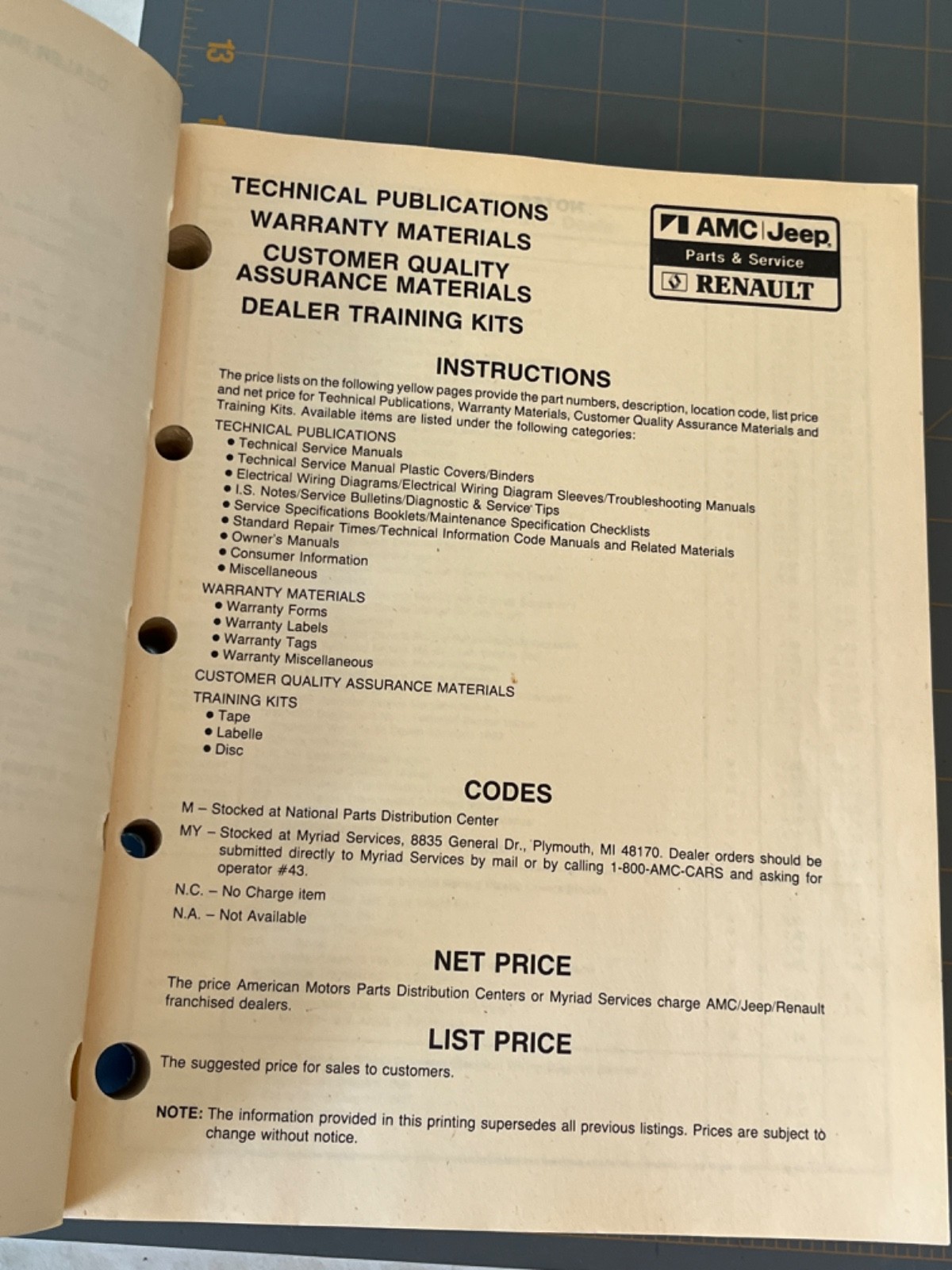 AMC Jeep Renault Parts Accessory Catalog Price list July 1985 SL