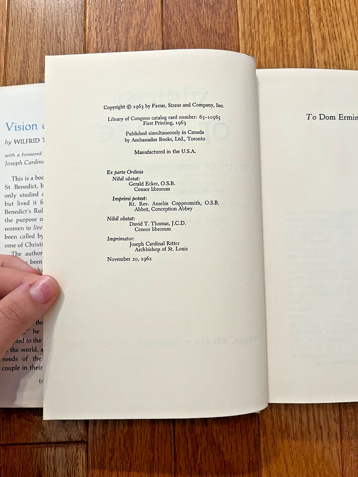 Vision of Peace by Wilfrid Tunink (1963 Hardback) On the Rule of St. Benedict
