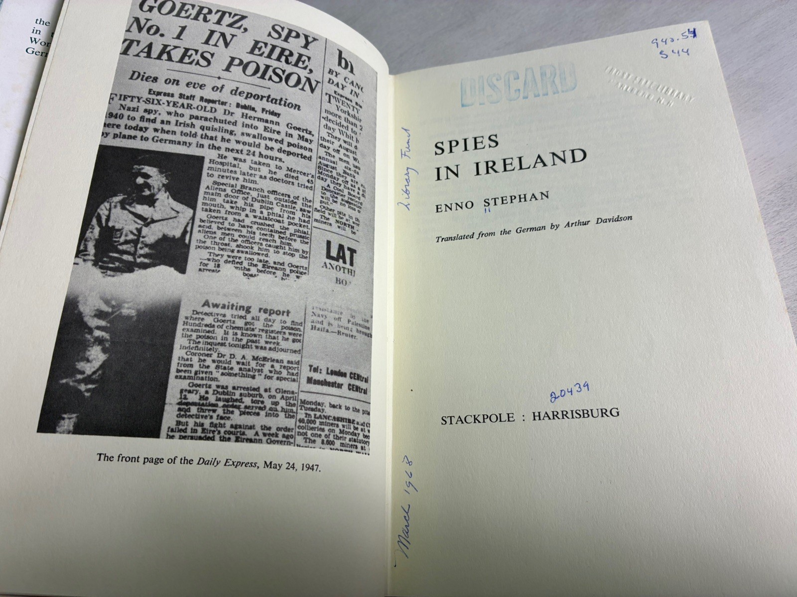 Spies in Ireland (1965) by Enno Stephan – 1st Edition, HC/DJ – Stackpole Books