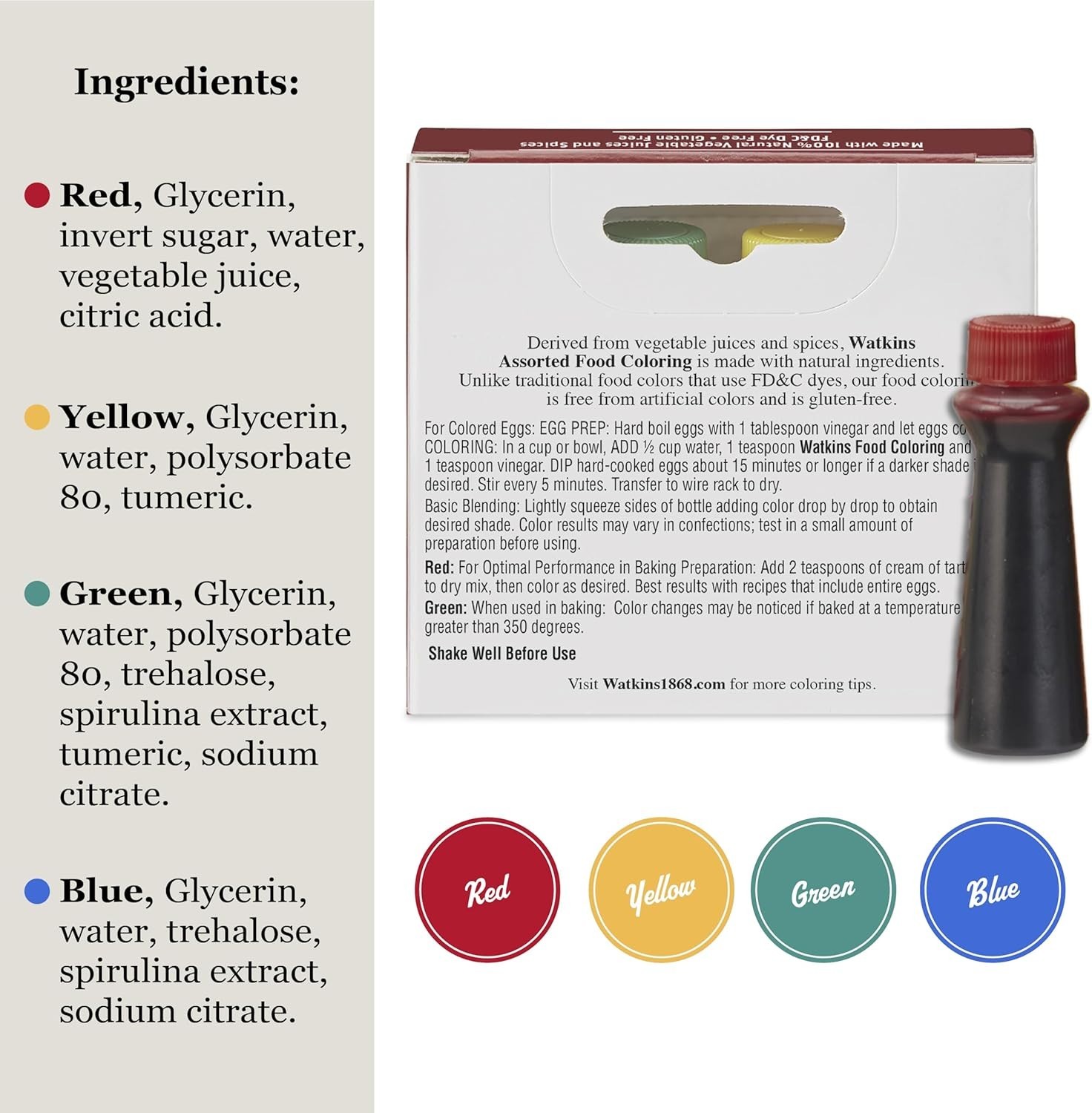 Natural Gluten-Free Food Coloring Set – Red, Yellow, Green, Blue, 3 fl oz Total