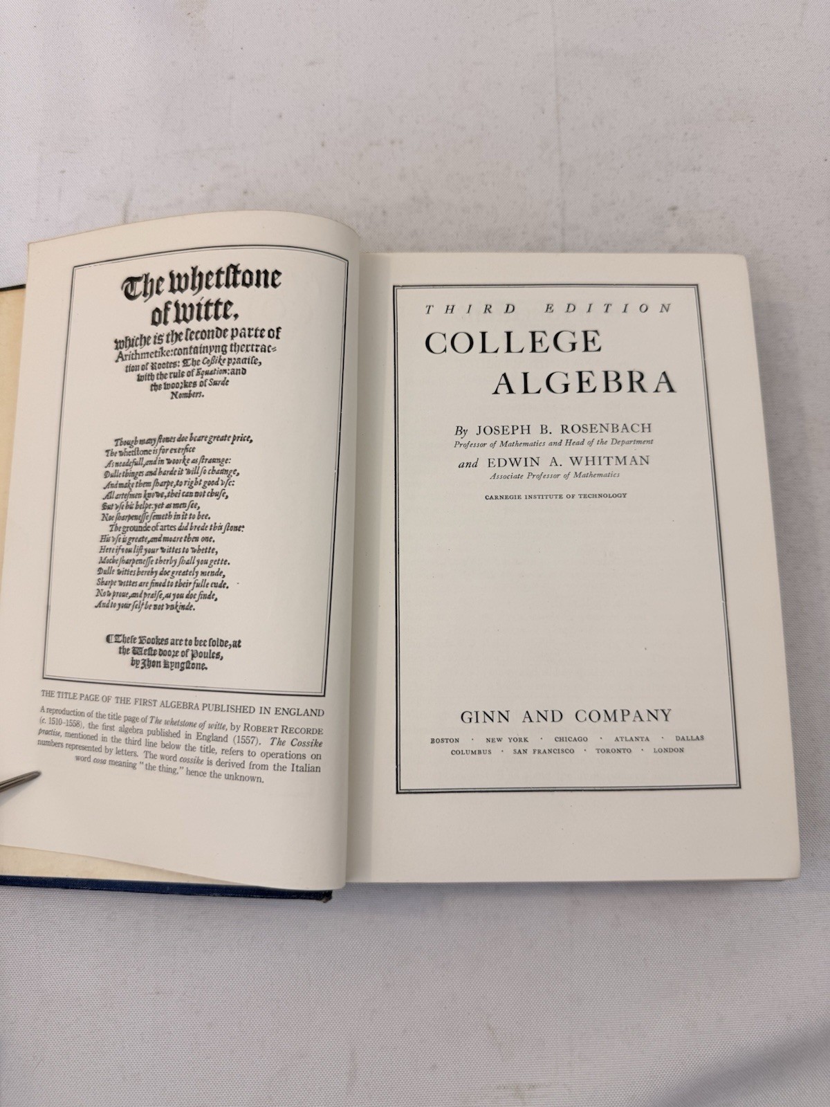 Rosenbach & Whitman College Algebra Third Edition Hardcover 1949 Fast Ship!!!