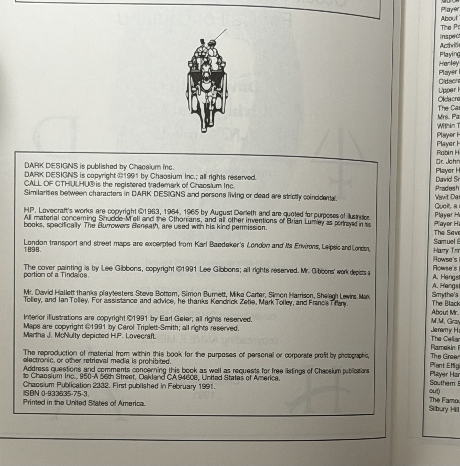 Call of Cthulhu Dark Designs 1890s England Chaosium RPG 1991 OOP Supplement