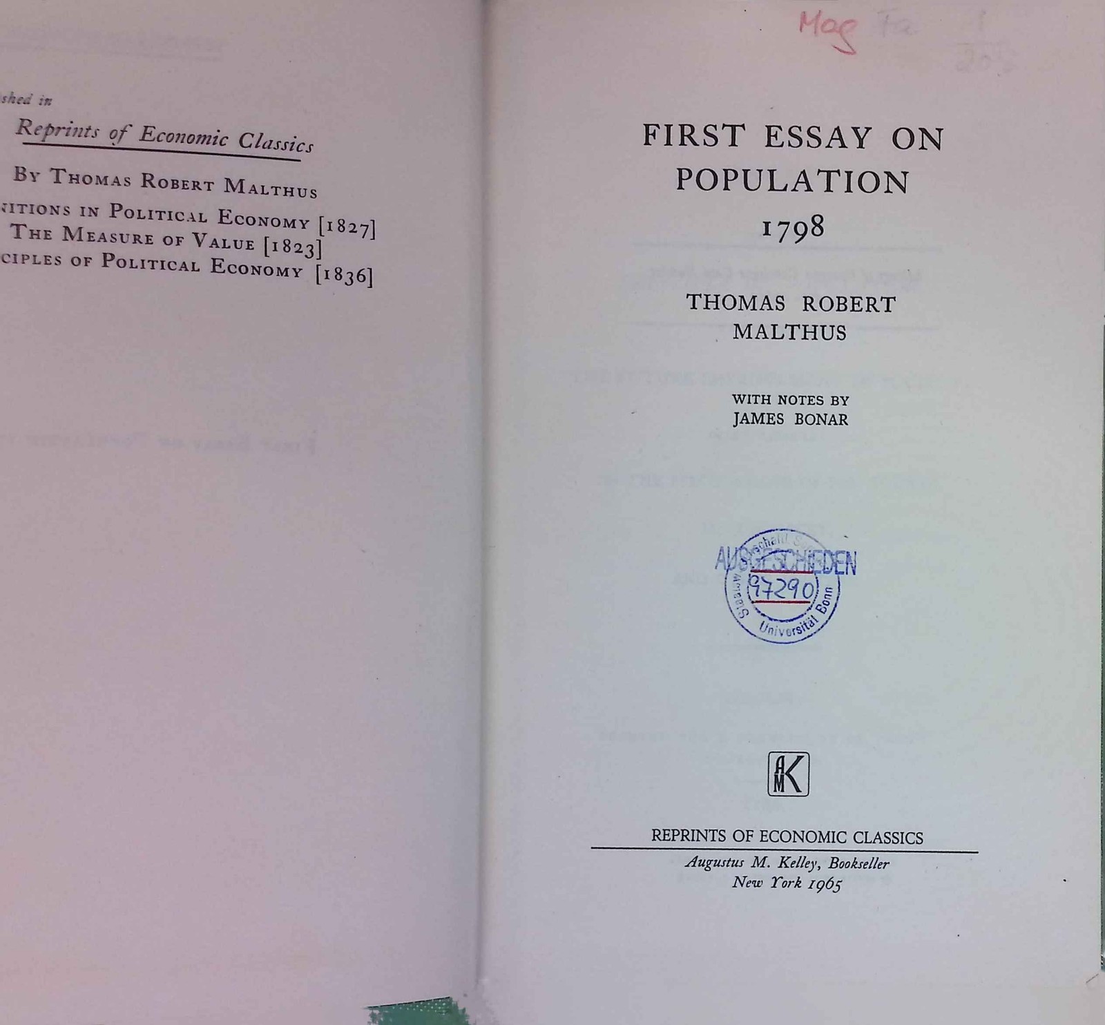 First Essay on Population 1798. Malthus, Thomas Robert: