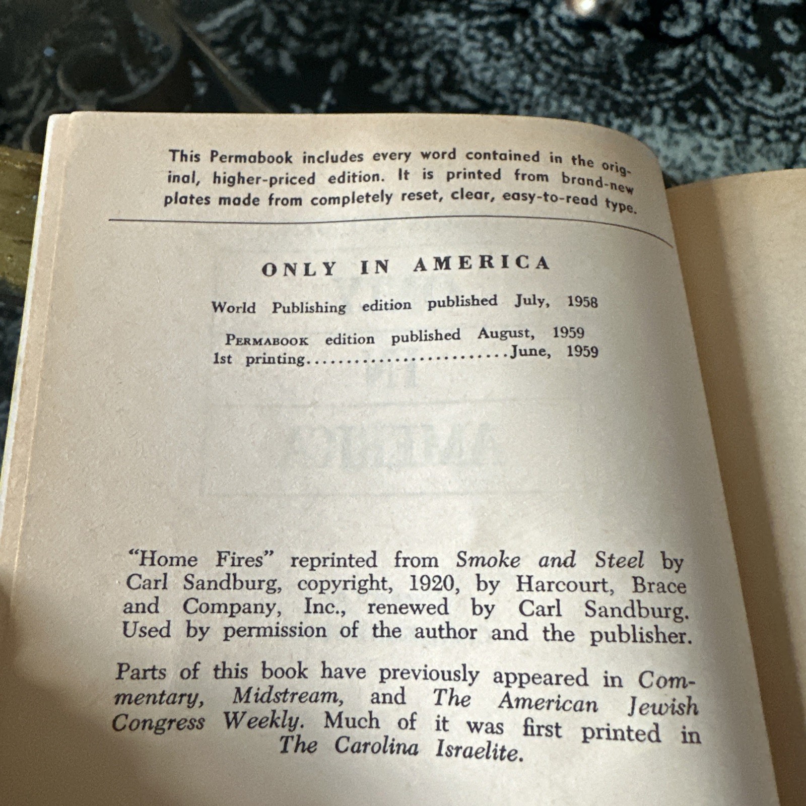 Only in America by Harry Golden 1958 Hardback w/ DJ Foreword Carl Sandburg