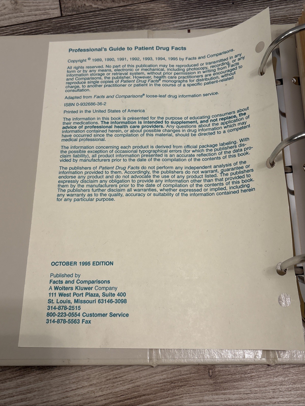 Professionals Guide To Patient Drug Facts And Comparisons 1995 Wolters Kluwer Co