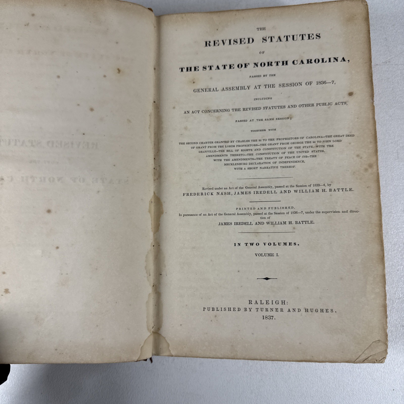 Revised Statutes of the State of North Carolina Vol 1 Leather HC Antique 1837