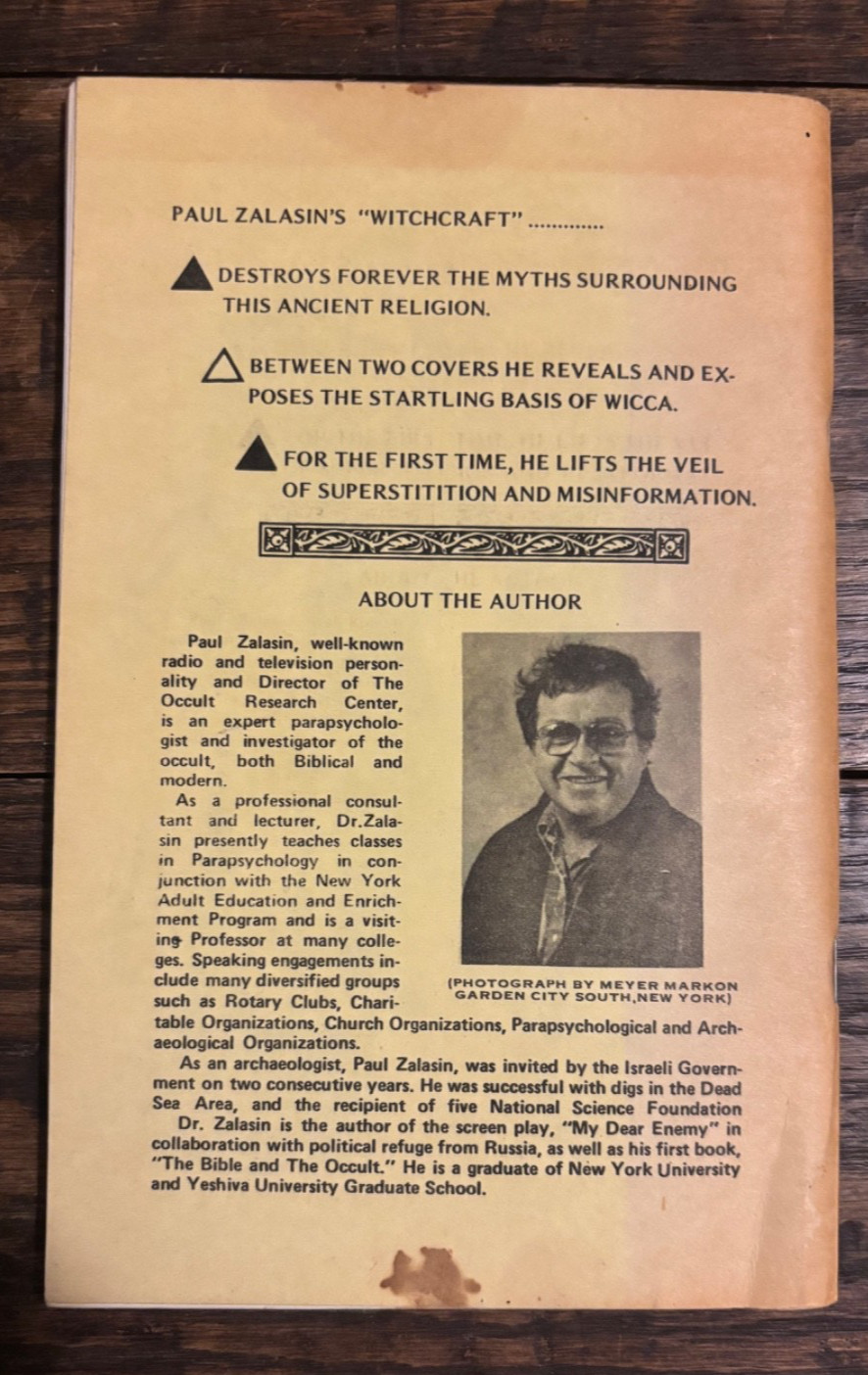 Witchcraft: History, Philosophy, Rituals PAUL ZALASIN – 1979 Paperback, 5th Ed.