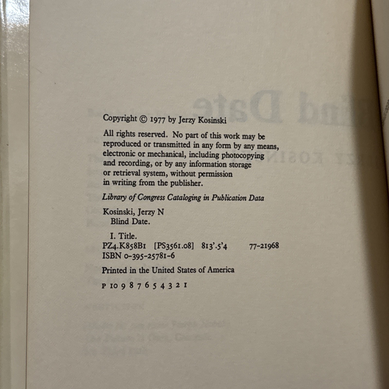SIGNED Blind Date Jerzy Kosinski 1977 HC/DJ First/First Houghton Mifflin