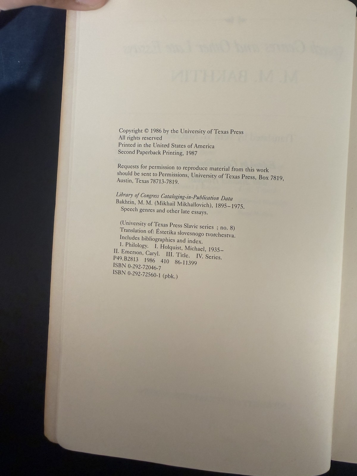 Speech Genres & Other Late Essays M.M. Bakhtin 1987 University of Texas Press