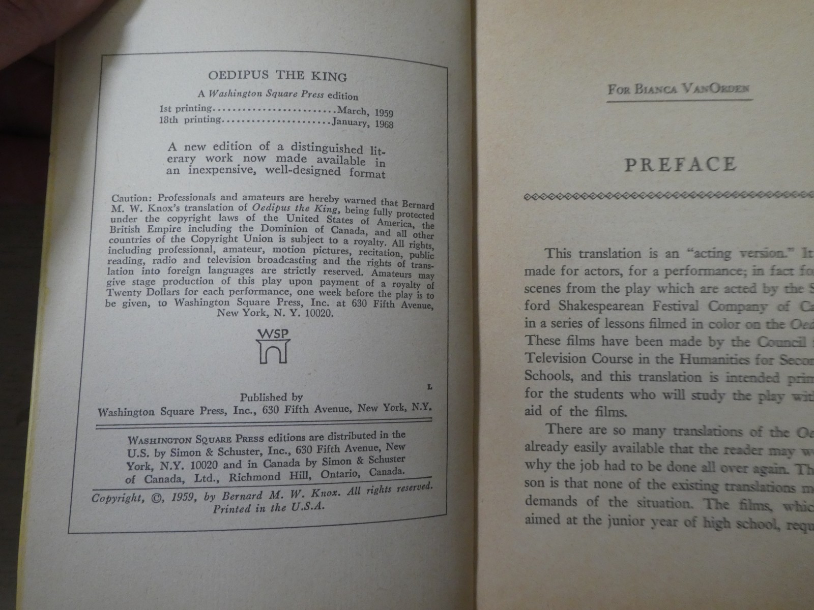 Oedipus The King Sophocles Paperback Washington Square Press 18th Print 1968
