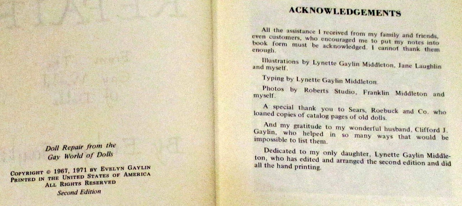 1971 Doll Repair “From the Gay World of Dolls” Evelyn Gaylin H/C 158 Pages