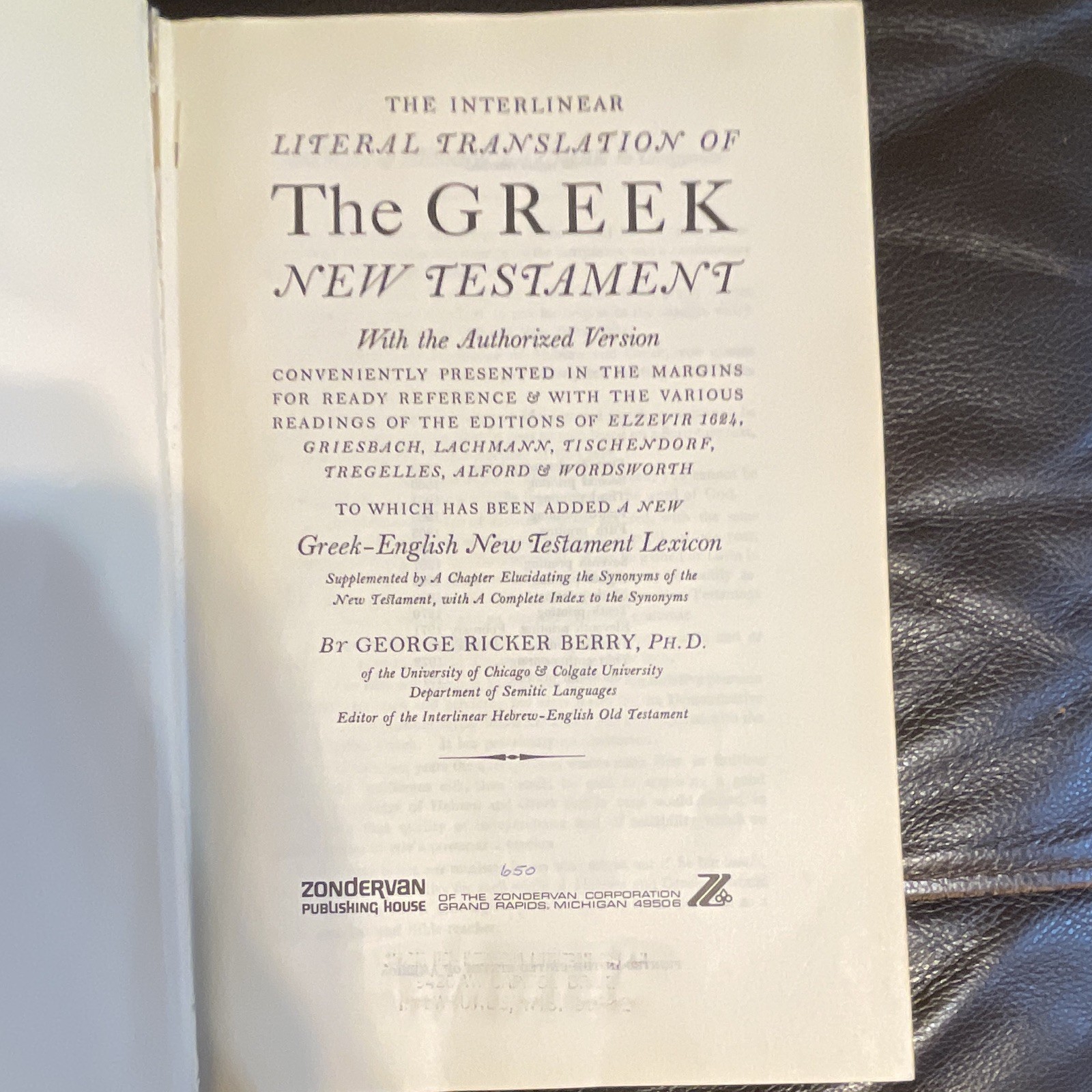 Zondervan Interlinear Greek-English New Testament w/ Lexicon & Synonyms HC 1973