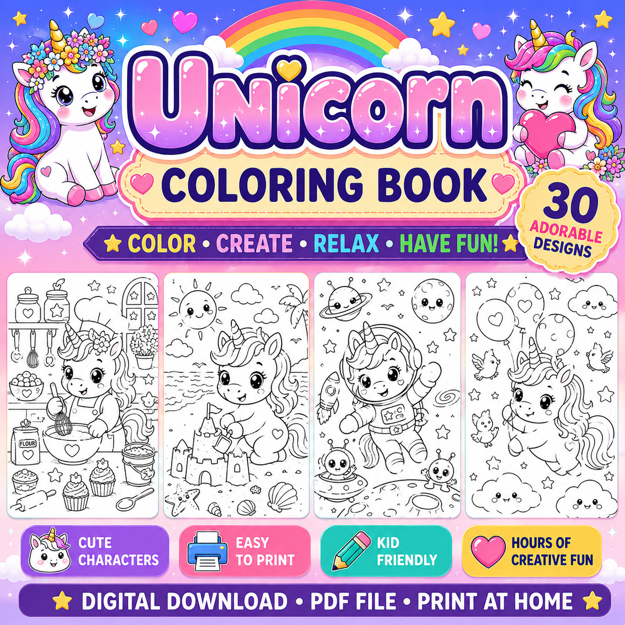 DIGITAL CONTEN – Unicorn Coloring Book: For Kids Ages 4-8 PRINTABLE