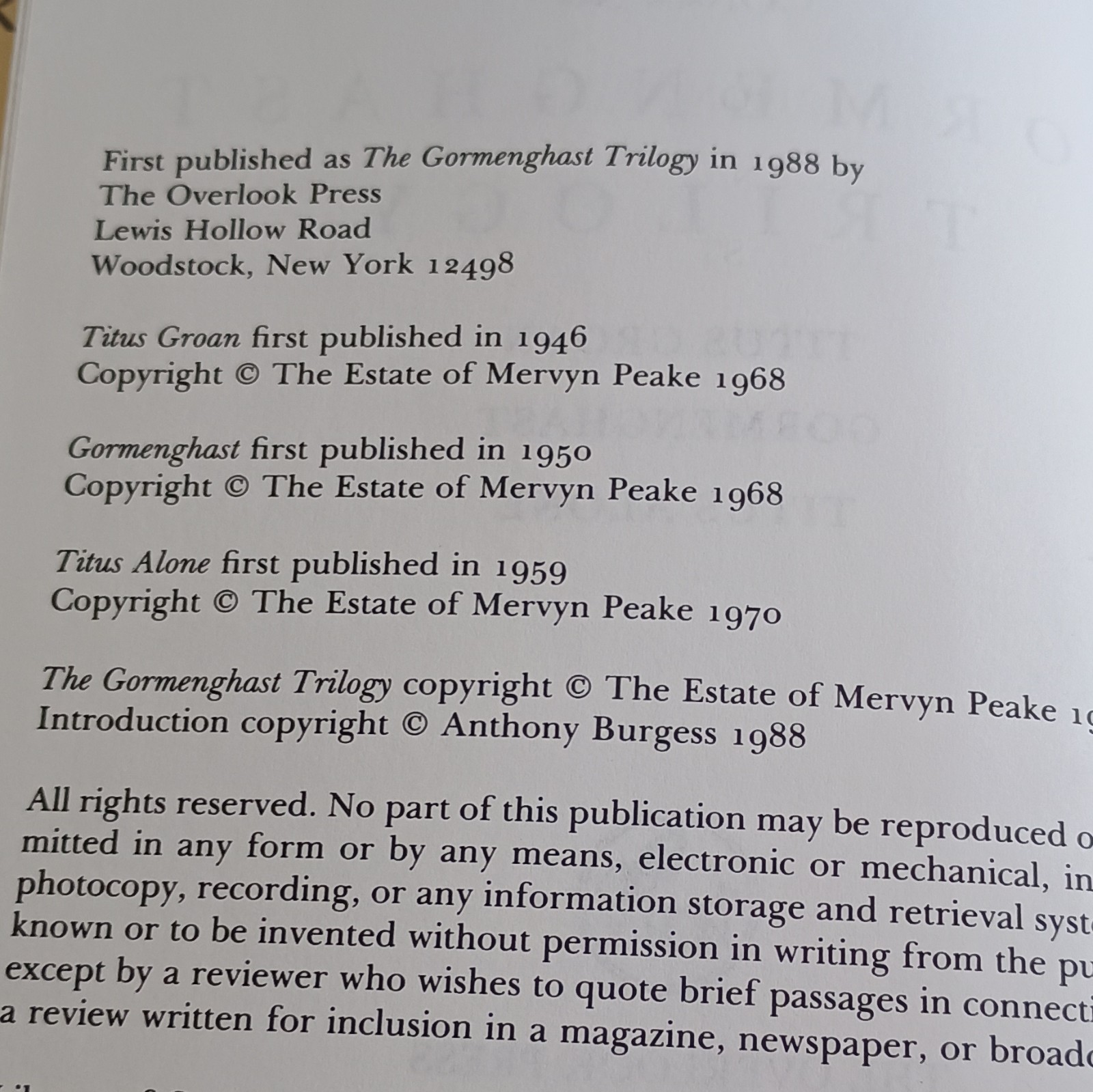 Mervyn Peake The Gormenghast Trilogy Hardcover Fantasy Overlook Press 1988 DJ