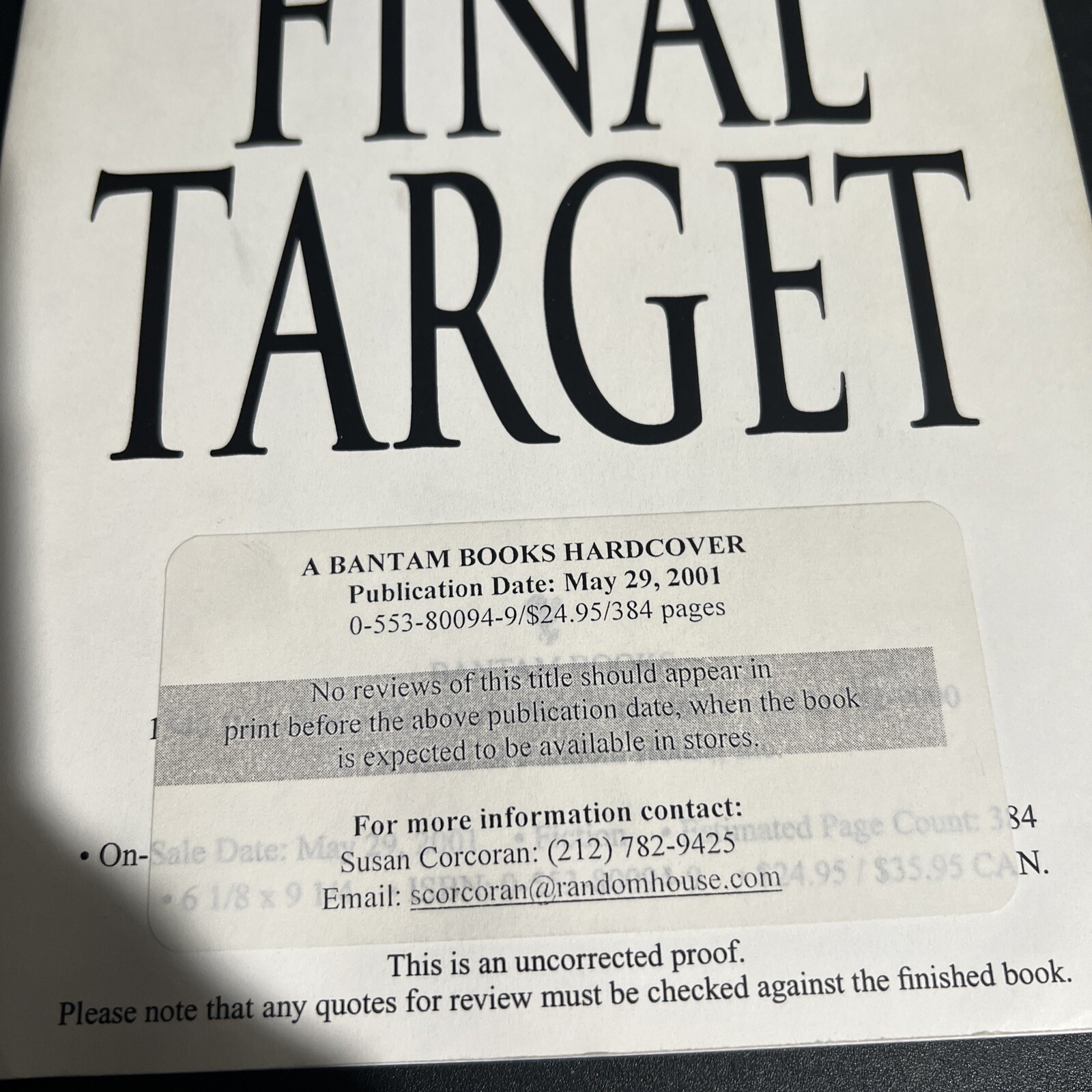 Advance Reading Copy Uncorrected Proof Final Target Iris Johansen Trade PB 2001