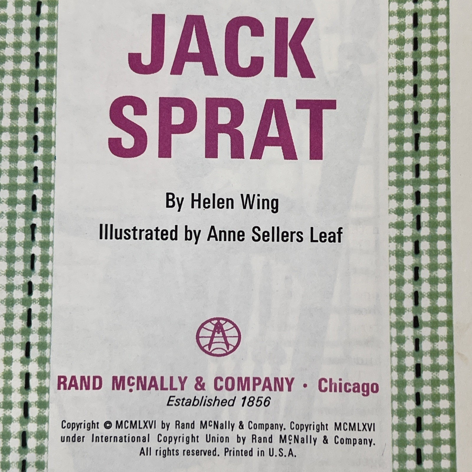JACK SPRAT book Helen Wing & Anne Leaf Rand McNally HB Big Edition 1966