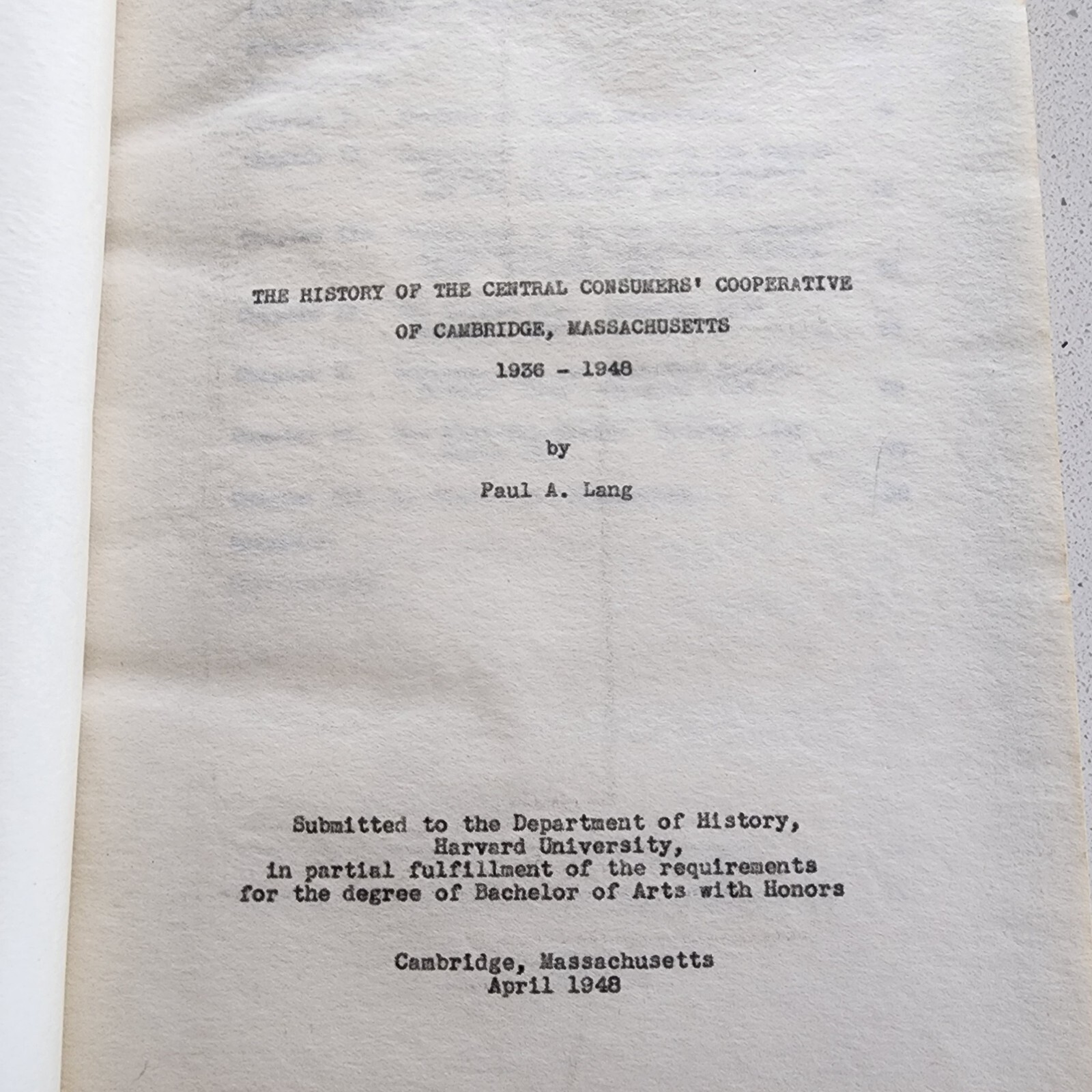Original 1948 Harvard University Honors Thesis –Rare Harvard & Cambridge History