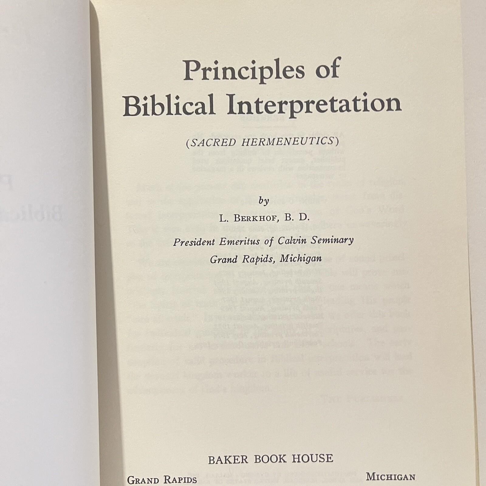 Louis Berkhof Principles of Biblical Interpretation Hardcover Baker Book House