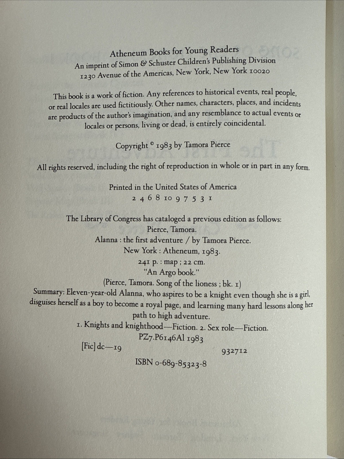 Song of The Lioness: Alanna, The First Adventure Tamora Pierce HC 1st Printing