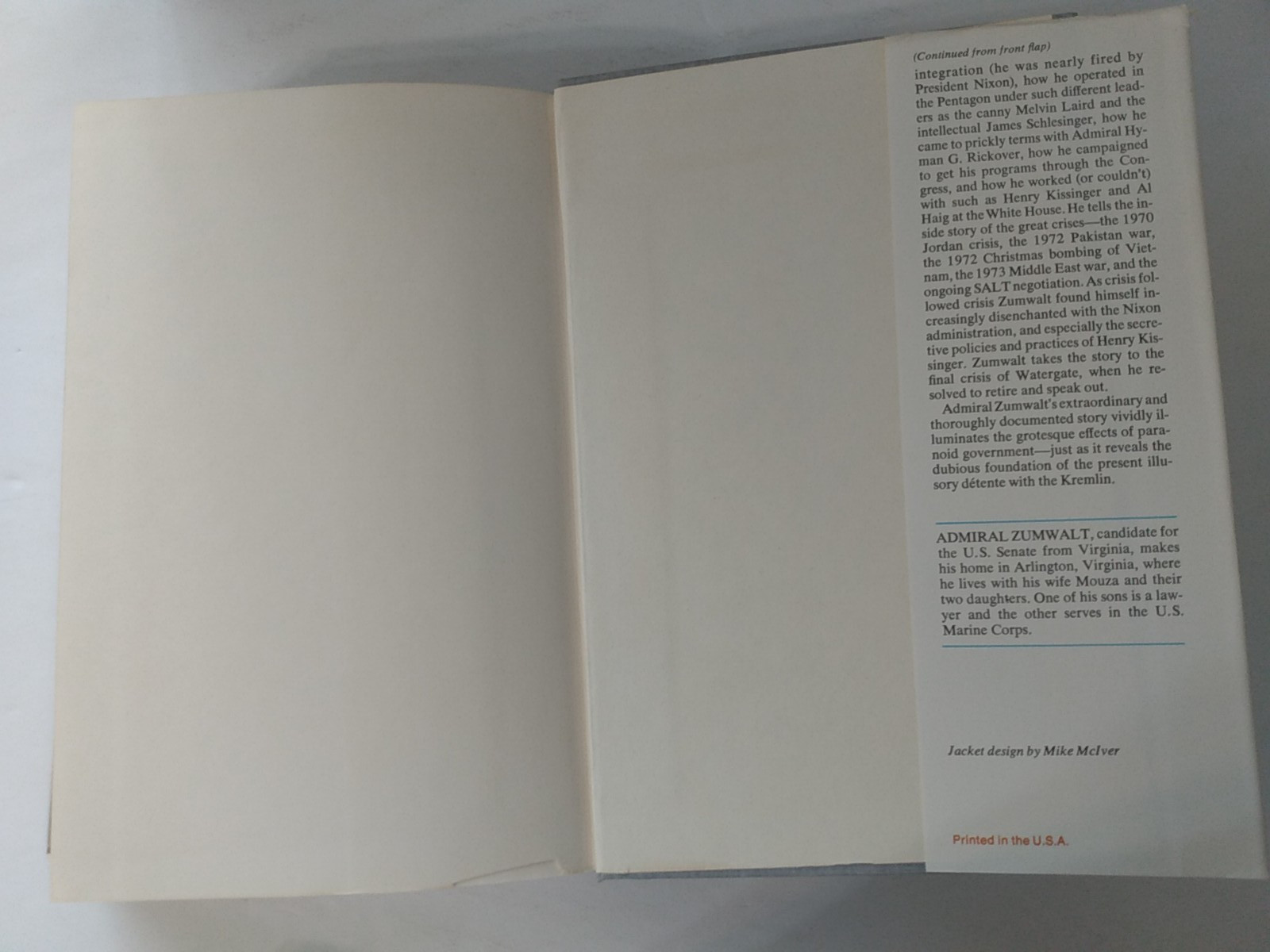 Nixon Cold War military policy book, On Watch: A Memoir Elmo R Zumwalt Jr. HCDJ