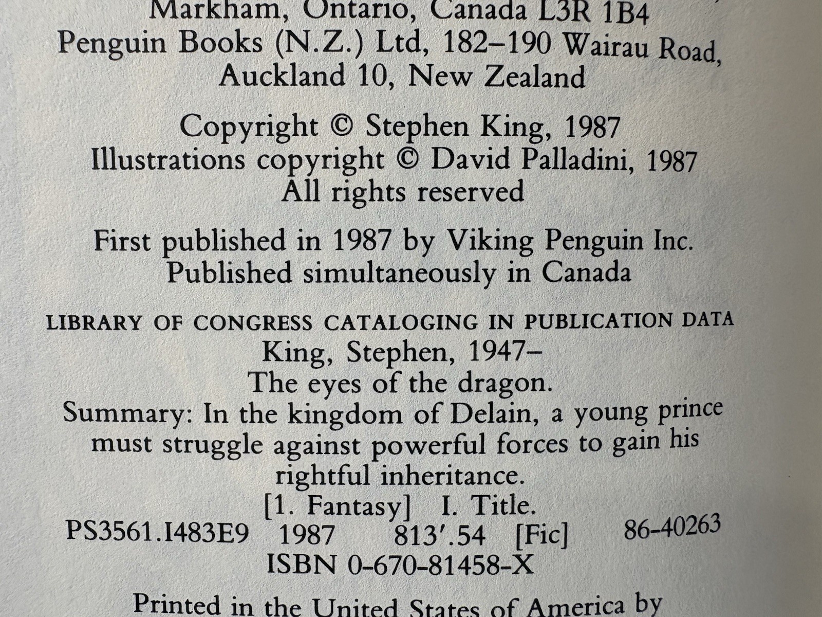Stephen King The Eyes of the Dragon 1987 Hardcover 1st Edition 1st Print MP2S