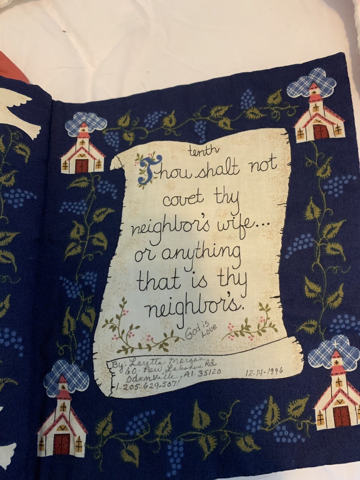 Vintage Cloth -Quilted 10 Commandments Book with Bookmark! 10 1/2 Inches Long