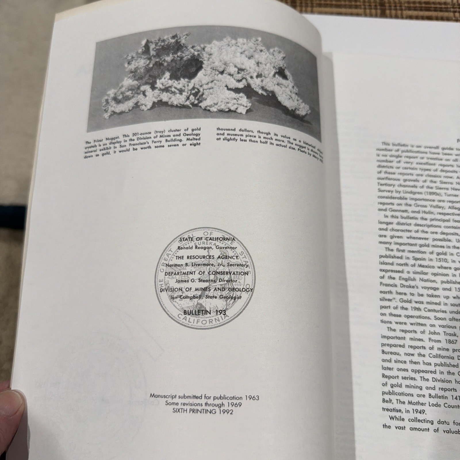 Gold Districts Of California Bulletin 193 w/ Fold-Out Map 6th Printing 1992