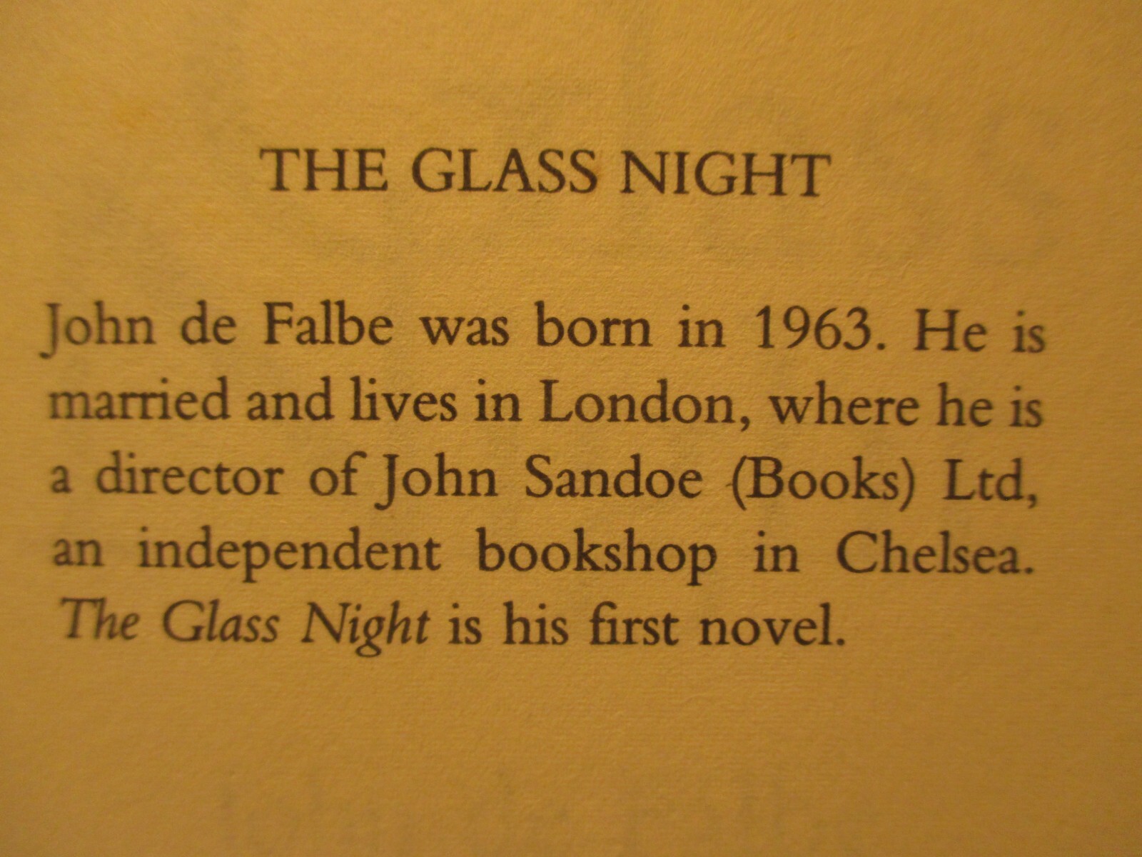 fiction GLASS NIGHT signed bookplate by JOHN DE FALBE 1995 pb Cuckoo Press UK