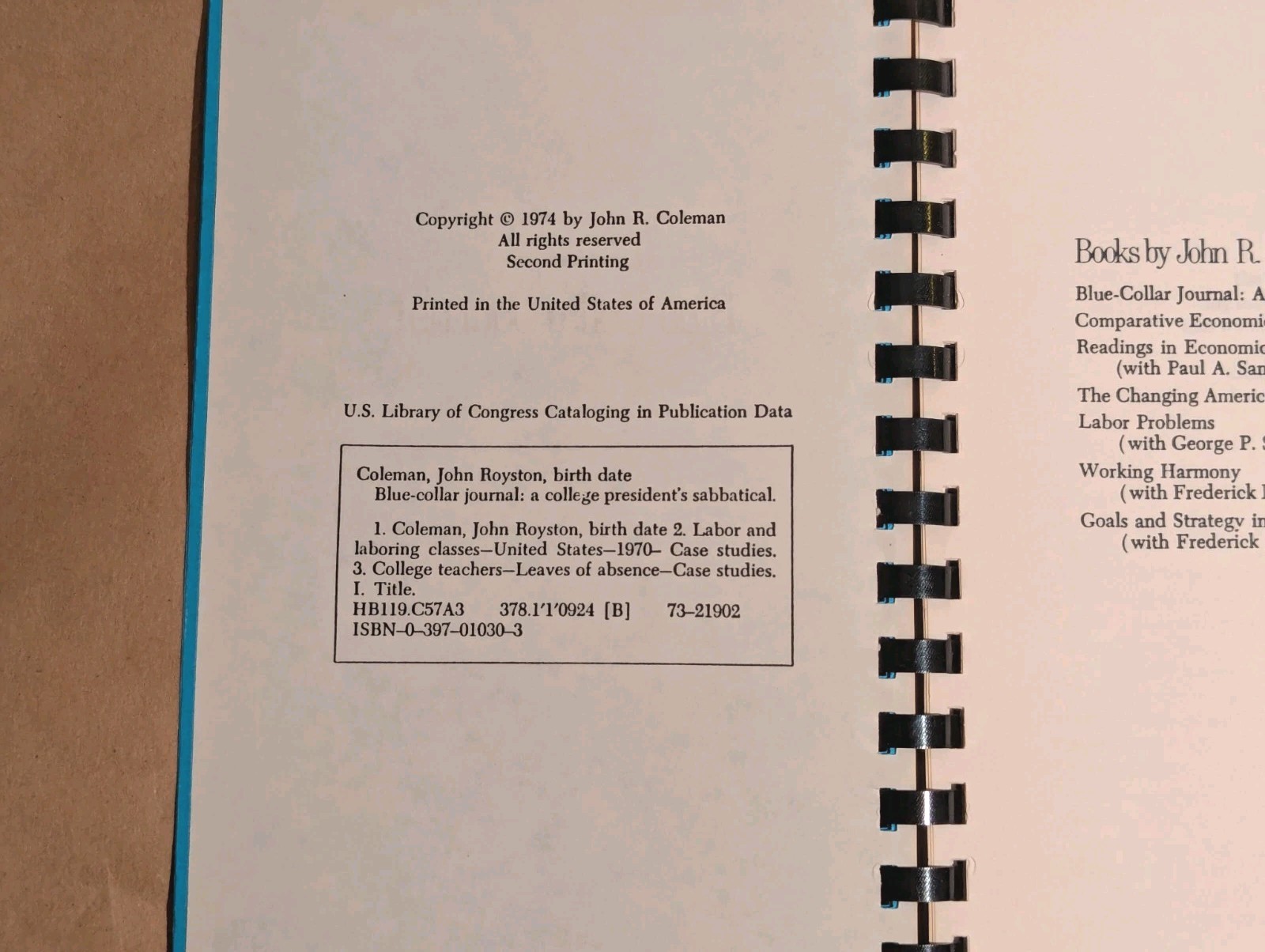 John R. Coleman Blue-Collar Journal: A College President’s Sabbatical 1974
