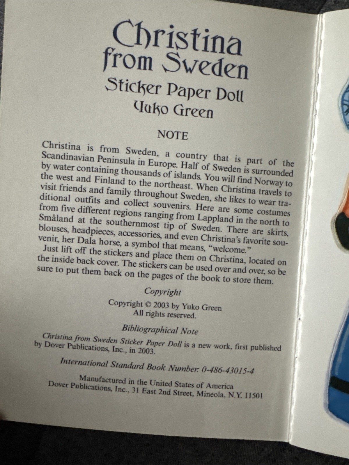 Christina From Sweden – Sticker Paper Doll- Dover Little Activity Books New RARE