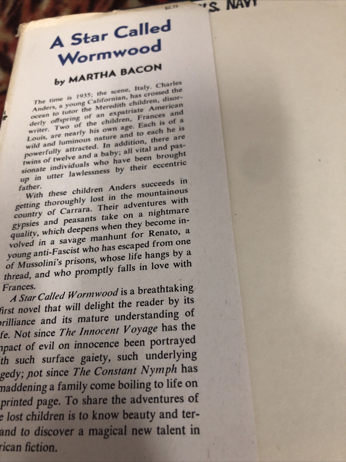 A Star Called Wormwood Martha Bacon Novel Dust Jacket Hardcover 1st Edition