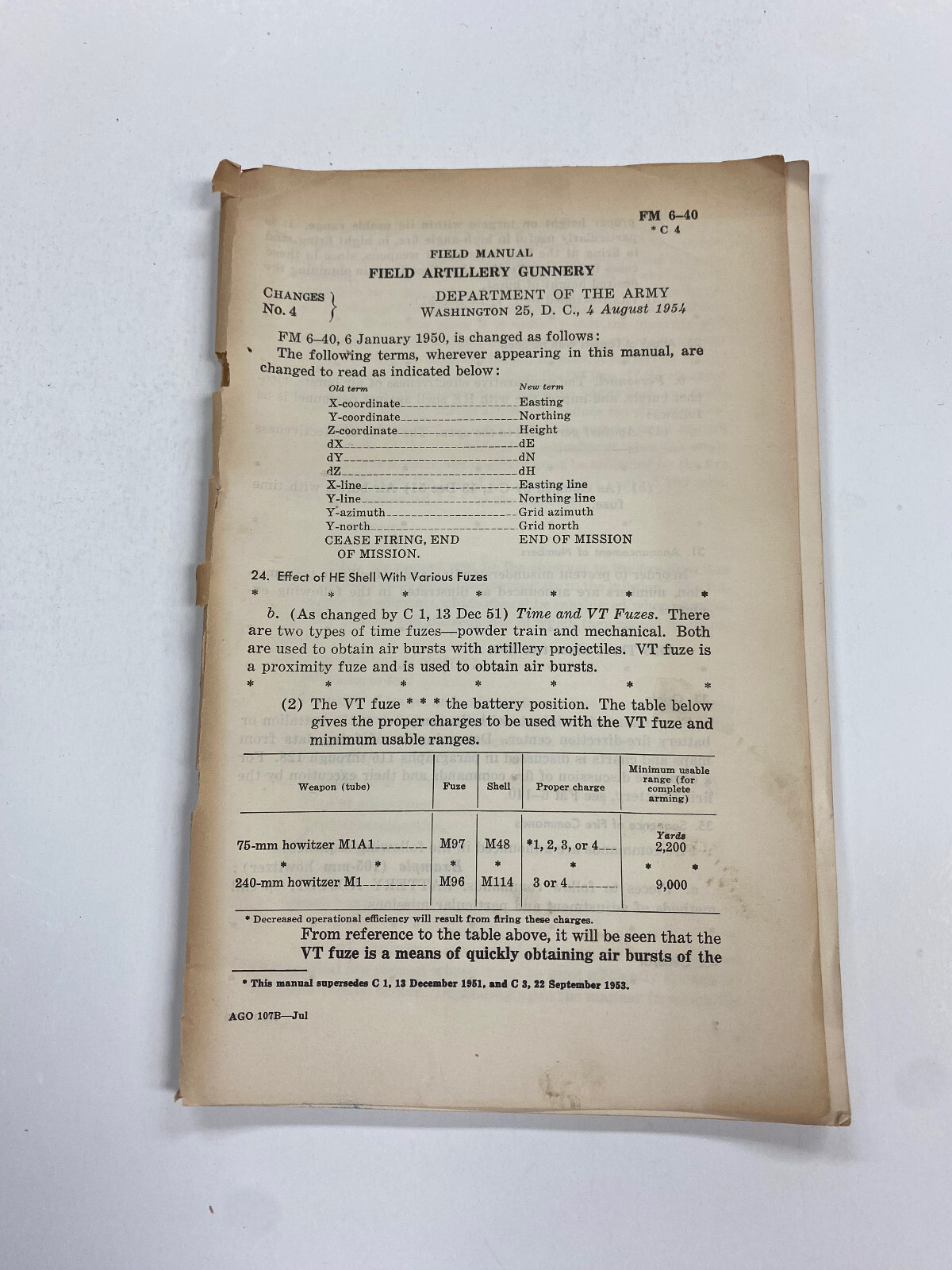 OE24) United States US Army Field Artillery Gunnery 1954 PB Cold War Era