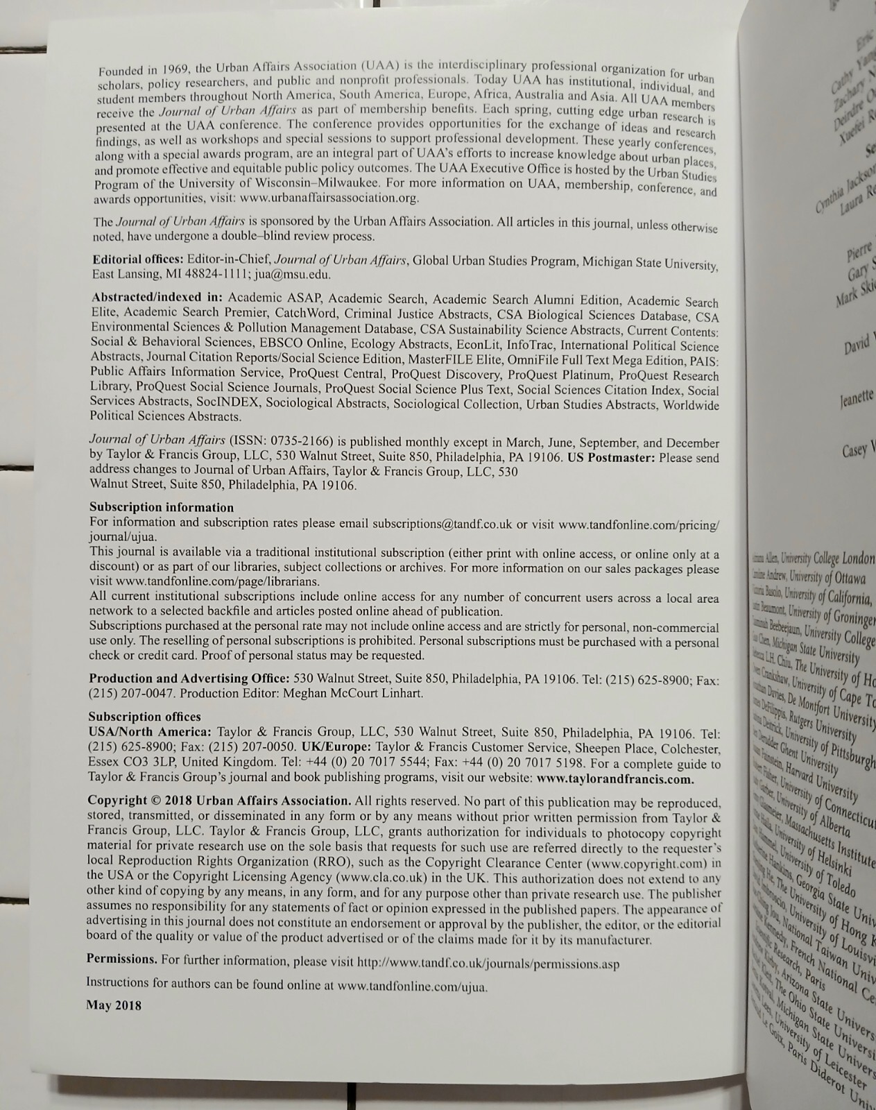 Journal Of Urban Affairs Volume 40 Numbers 3,4,6,7 In 2018 By Routledge Group