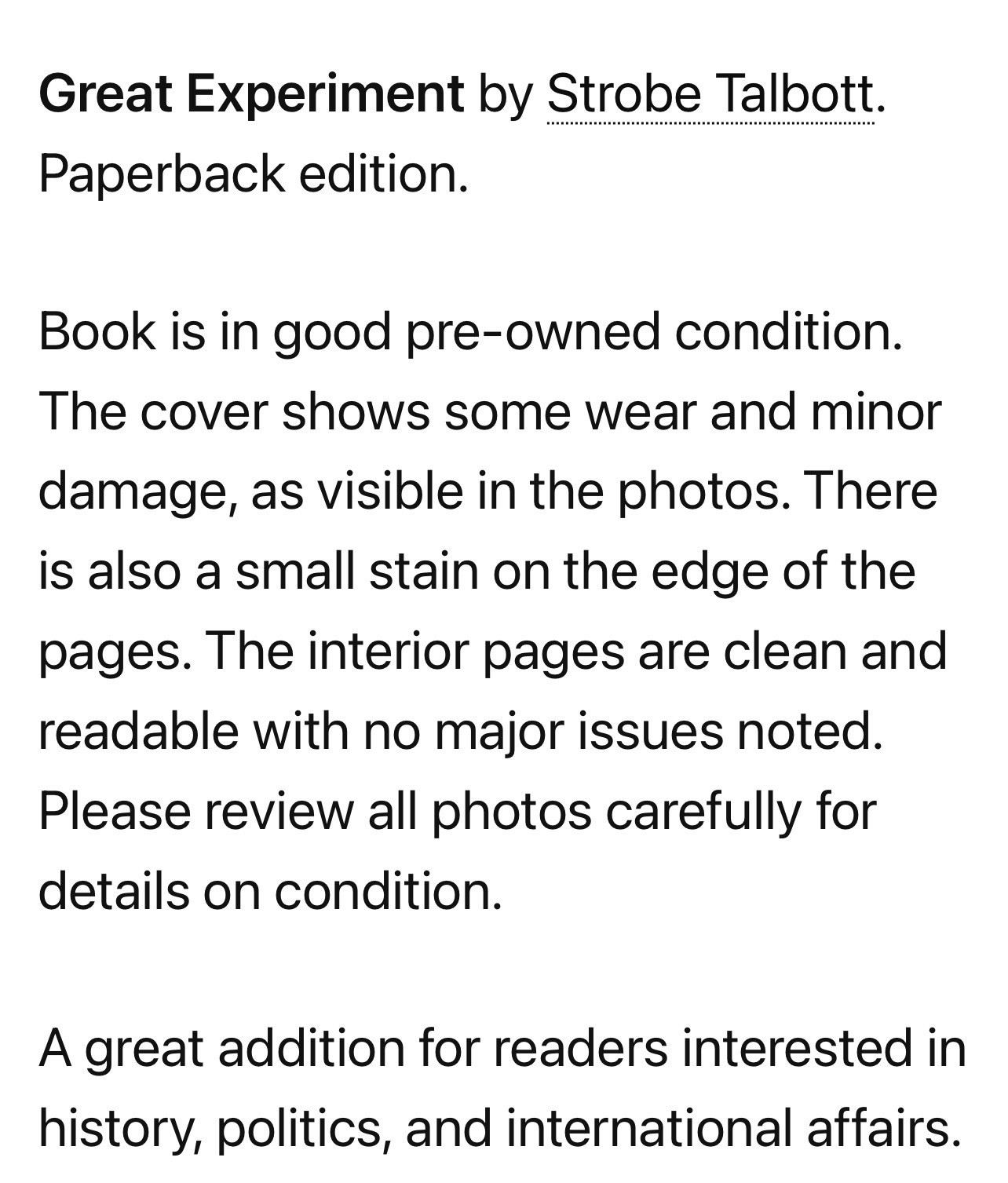 The Great Experiment By Strobe Talbott Paperback Book 2009