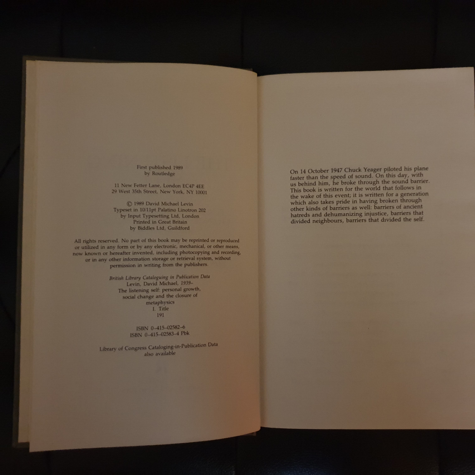 The Listening Self, hardcover, David Michael Levin, original 1989 version