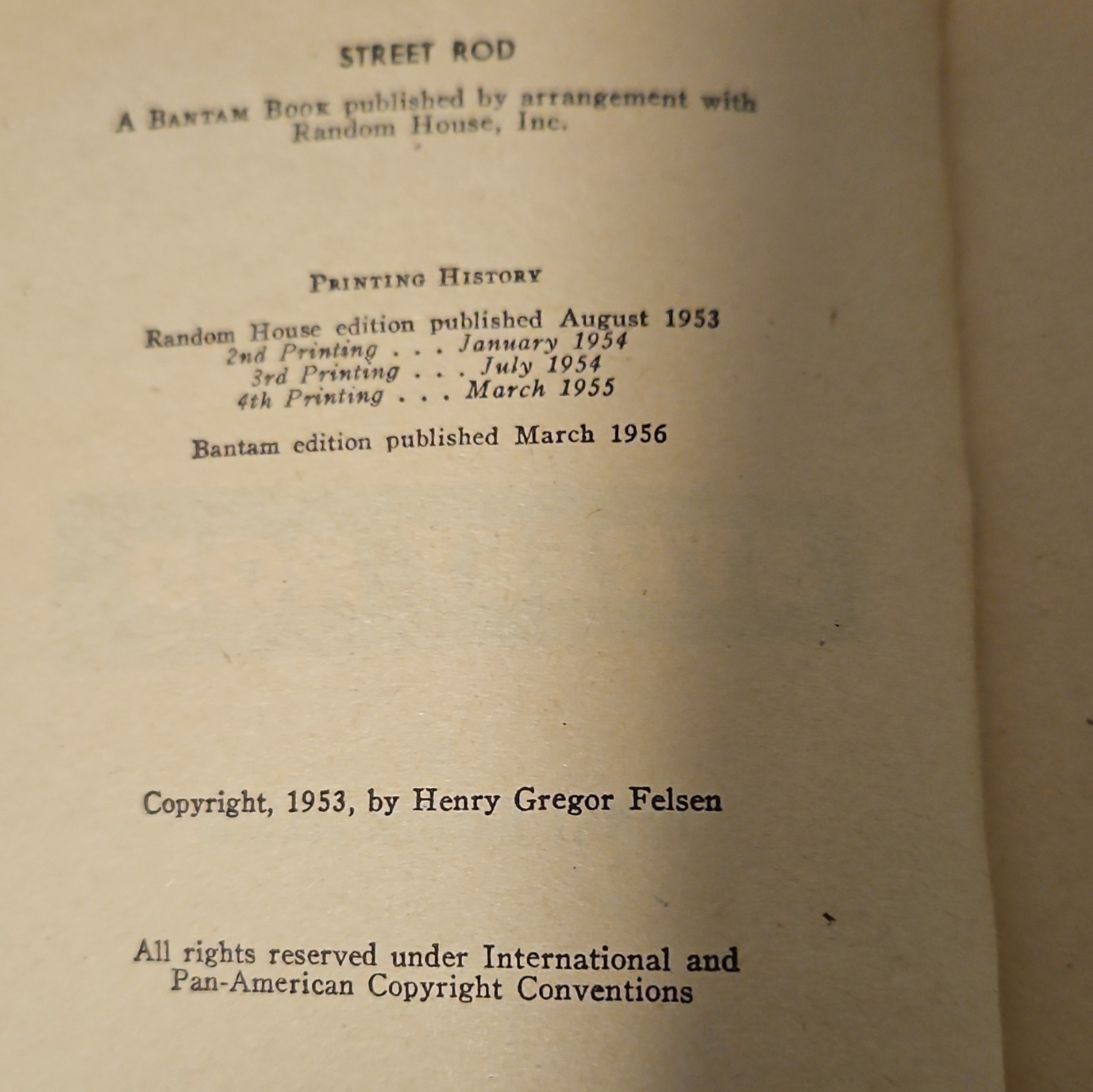 Bantam Books Street Rod Henry Gregor Felsen 1956 Paperback YA Fiction Hot Rods