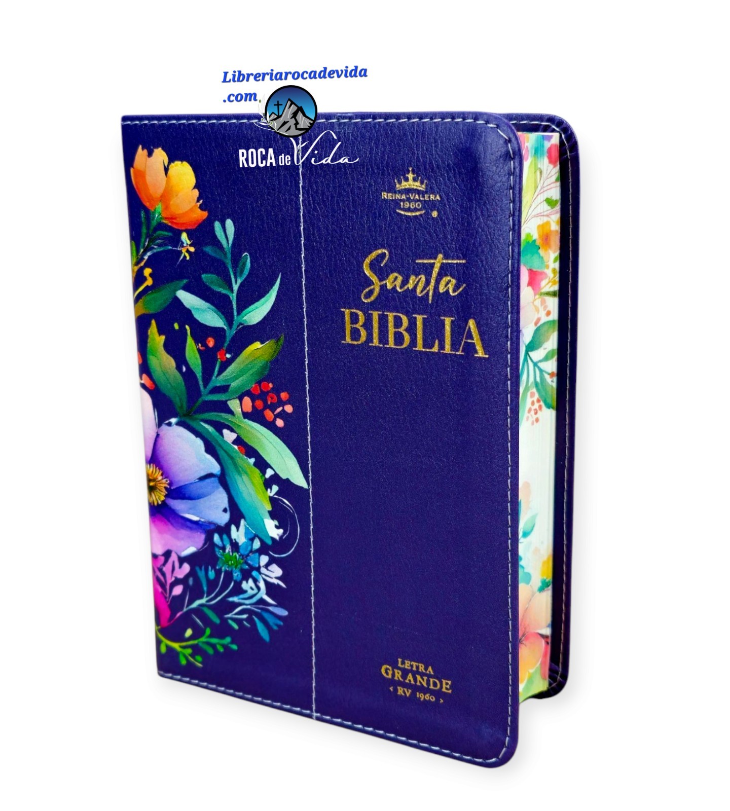 Biblia Portátil Letra Grande 12 puntos RV1960, imit piel Lila Canto flores