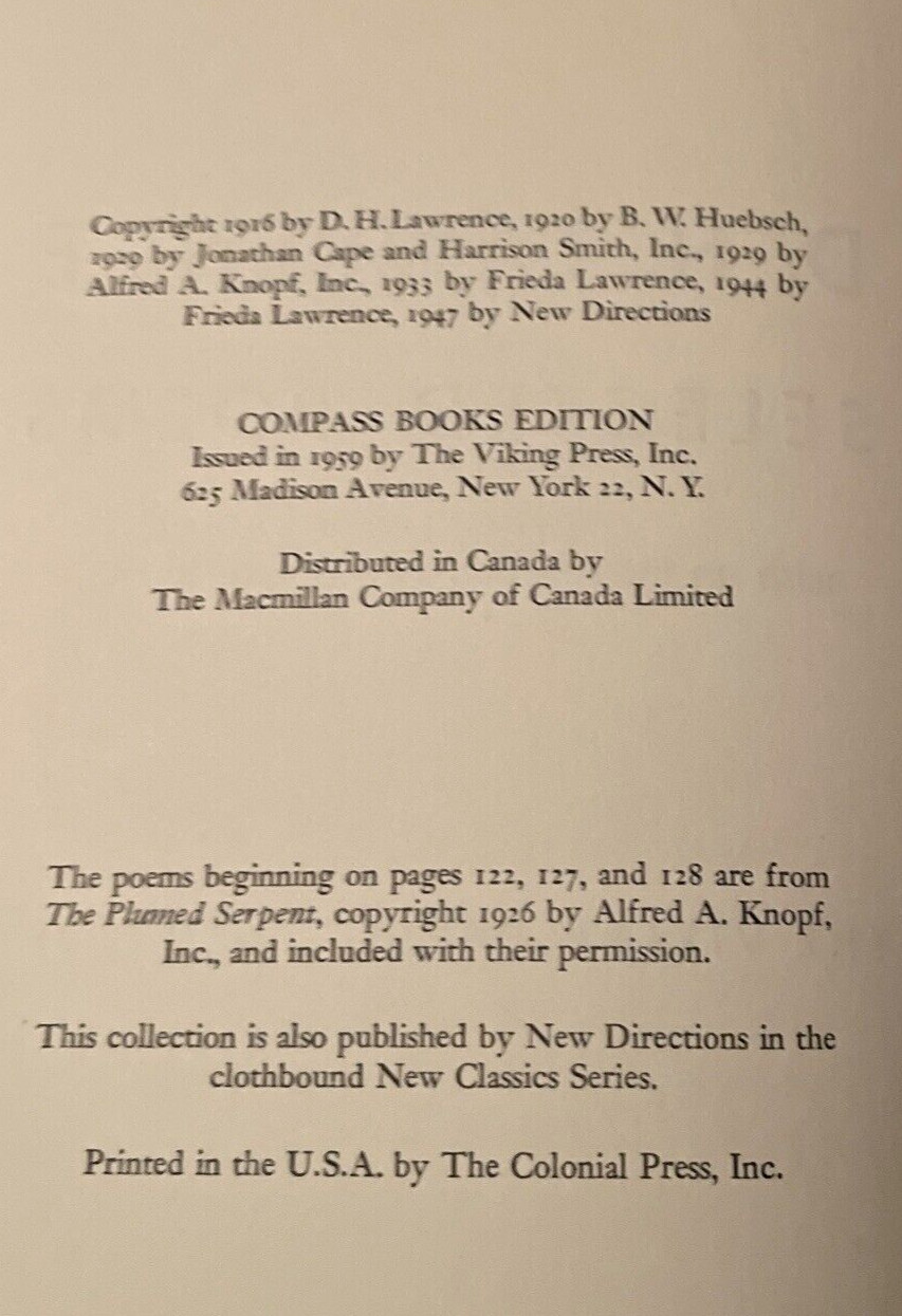 D H Lawrence: Selected Poems (A Viking Compass Book) – Paperback – VG 1959 $0.95