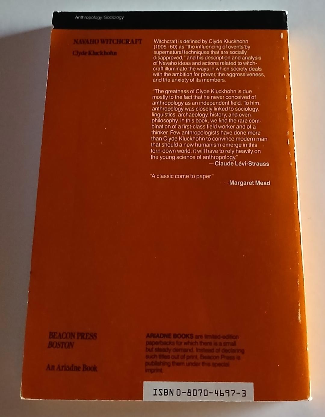 Navaho Witchcraft by Clyde Kluckhohn 1989 Reprint Beacon Edition Paperback Good
