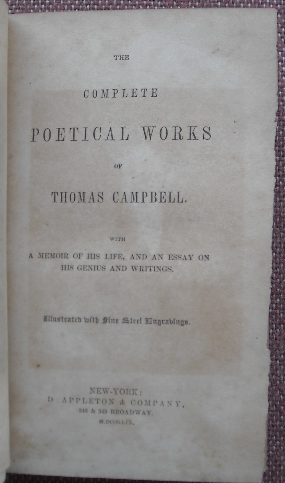 THE COMPLETE POETICAL WORKS OF THOMAS CAMPBELL ~ 1859 HARDBACK ~ VG
