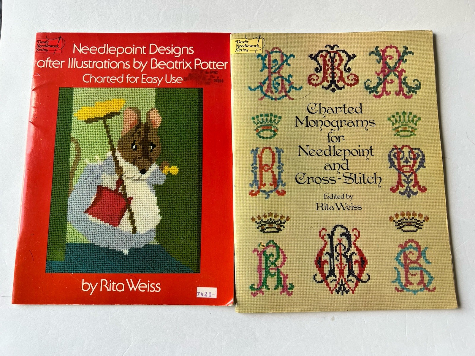 Lot of 2 Vintage Dover Needlework Books Rita Weiss Beatrix Potter & Monograms