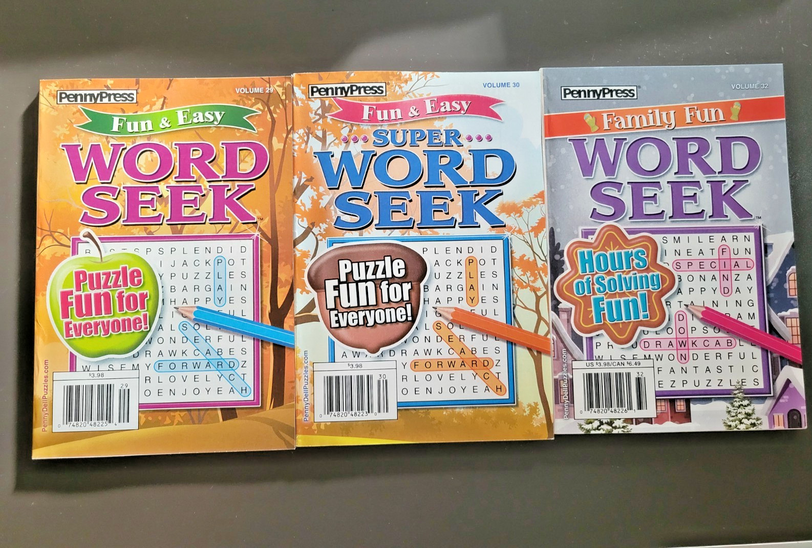 Lot of 3 Penny Press Family Fun & Easy Word Seek Puzzles – Hours Of Solving Fun!