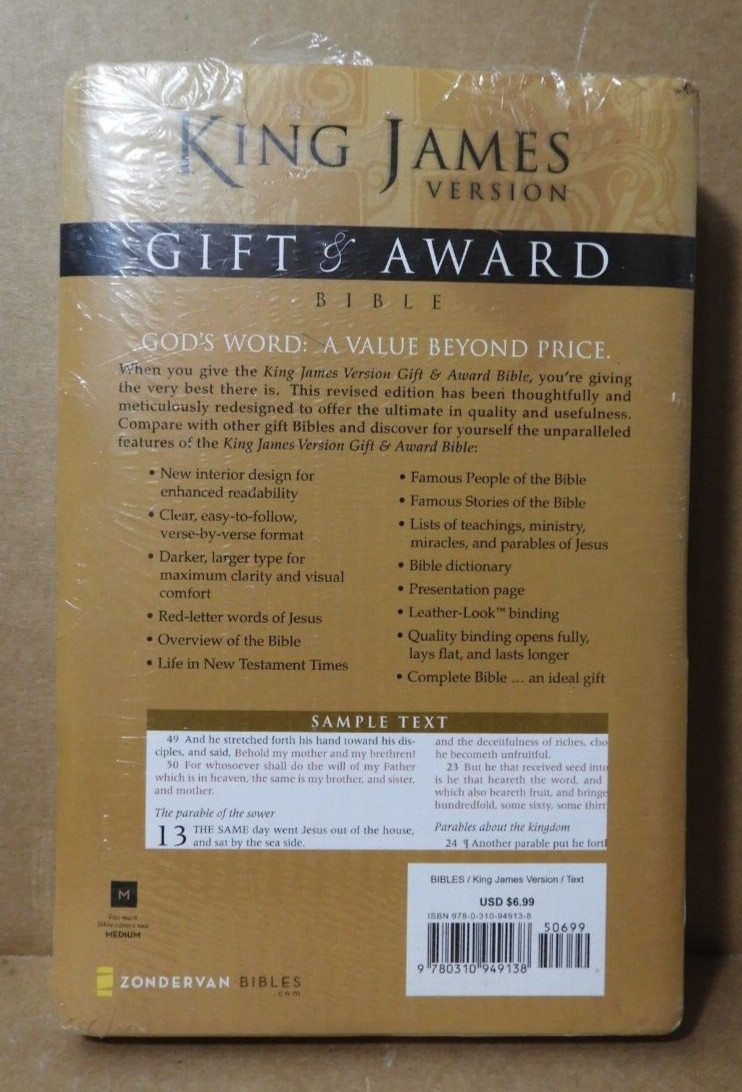 HOLY BIBLE (KING JAMES VERSION) CLASSIC TIMELESS TEXT (ZONDERVAN) NEW!!