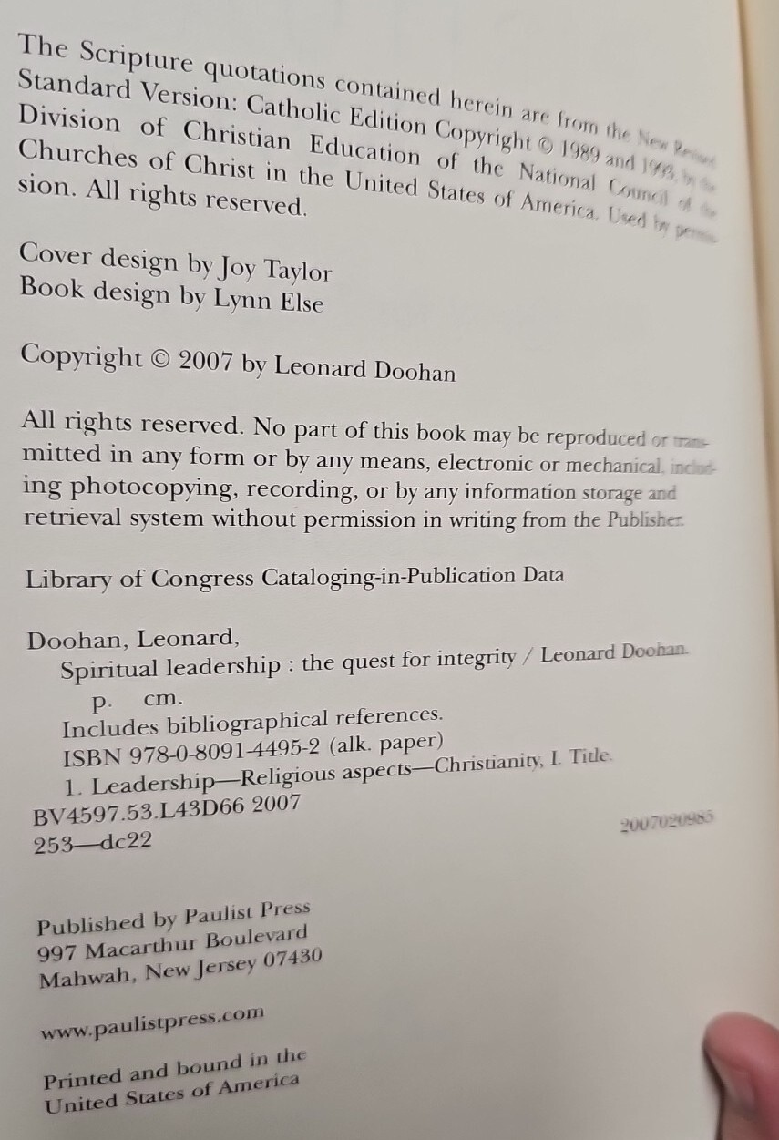 Spiritual Leadership The Quest for Integrity Leonard Doohan PB 2007 1st Printng