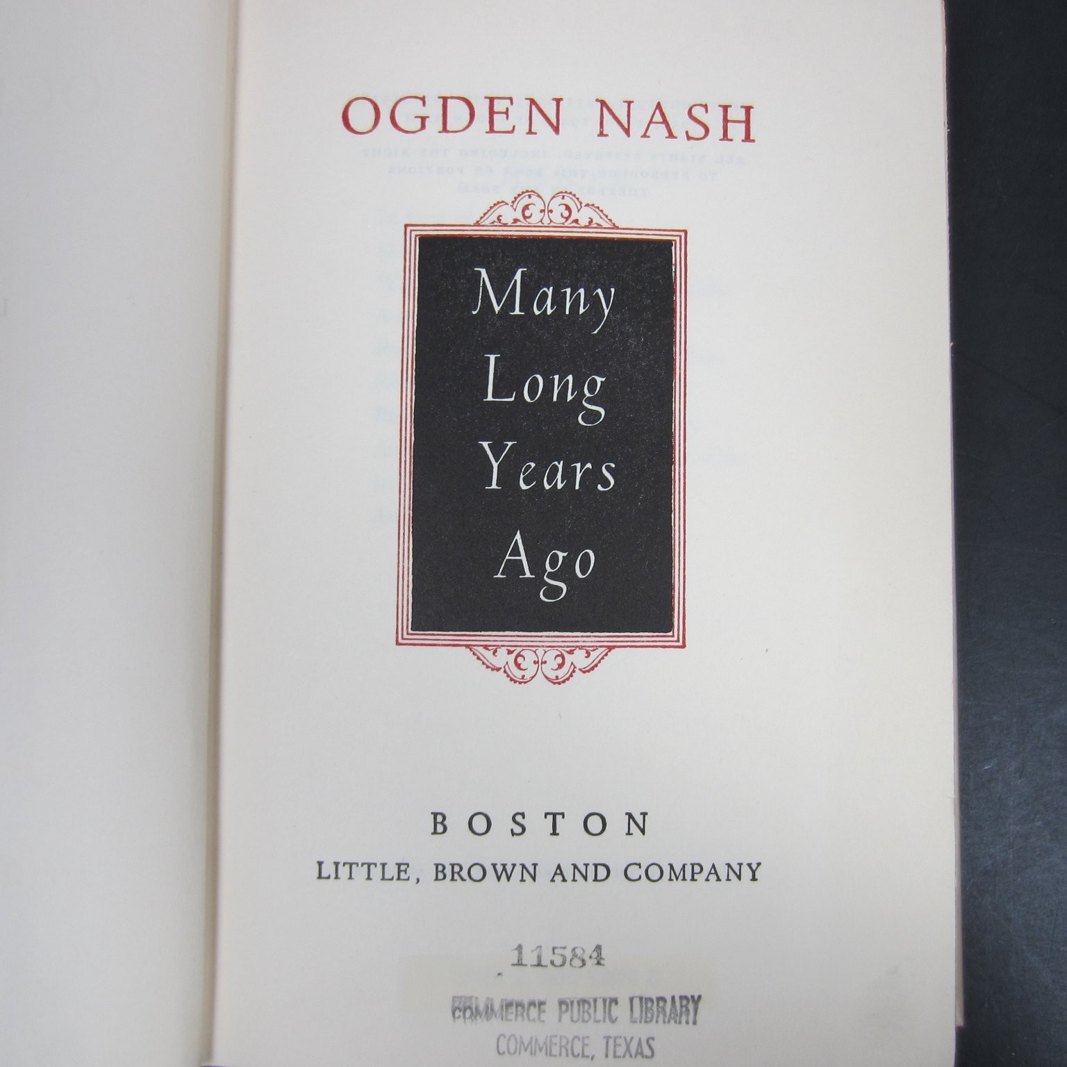 Many Long Years Ago Ogden Nash 1945 Fourth Printing Poetry Humorous Little Brown